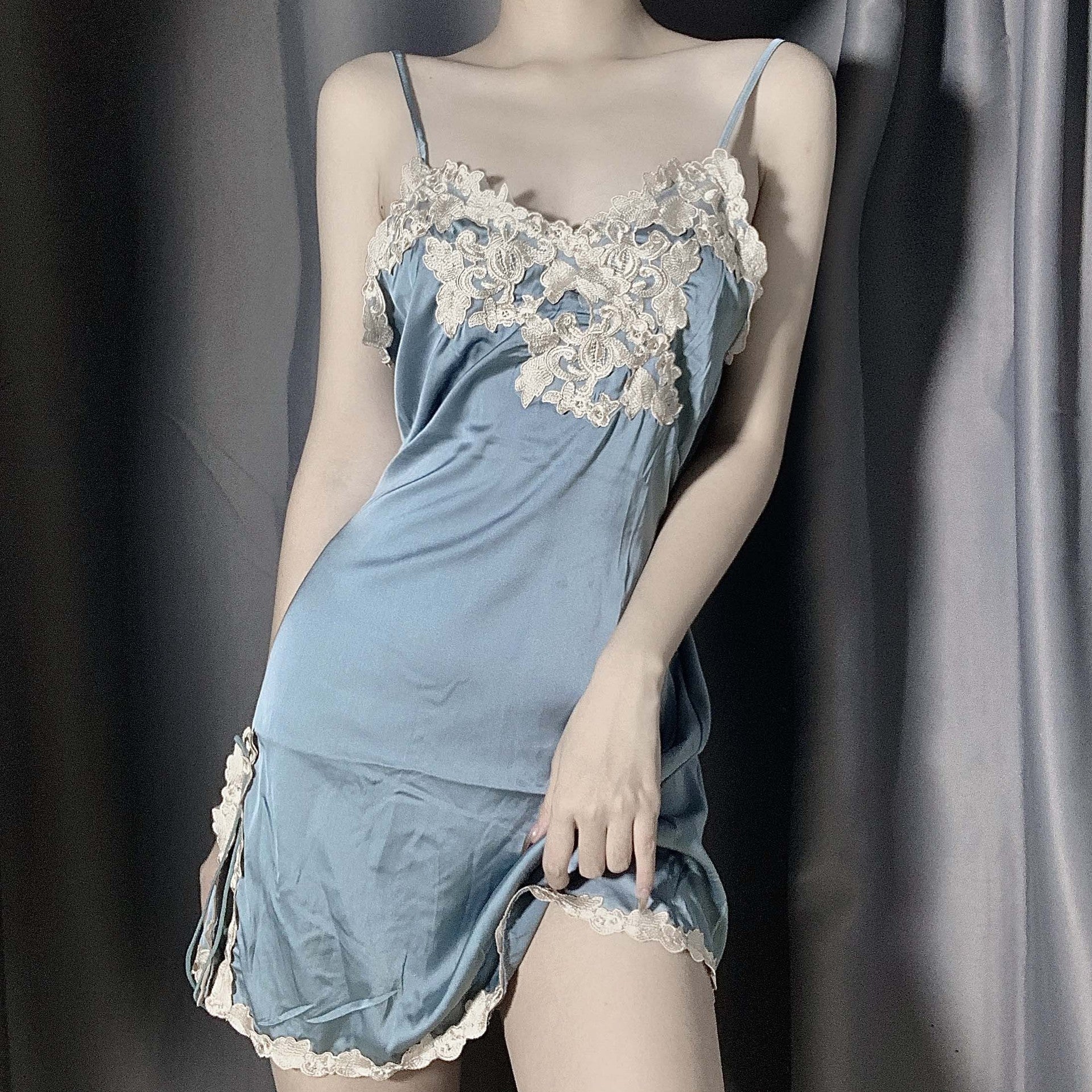 Ladies Fashion Lace Stitching Simulated Silk Homewear Nightdress J2JX1014YML