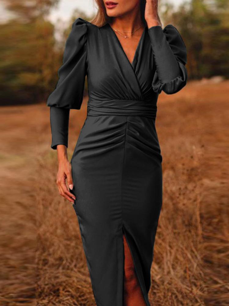 Celmia Elegant Puff Sleeve Party Dress 2022 Women Slit Hem Stain Vestidos Robe Solid V Neck Pleated Bodycon Sundress Plus Size