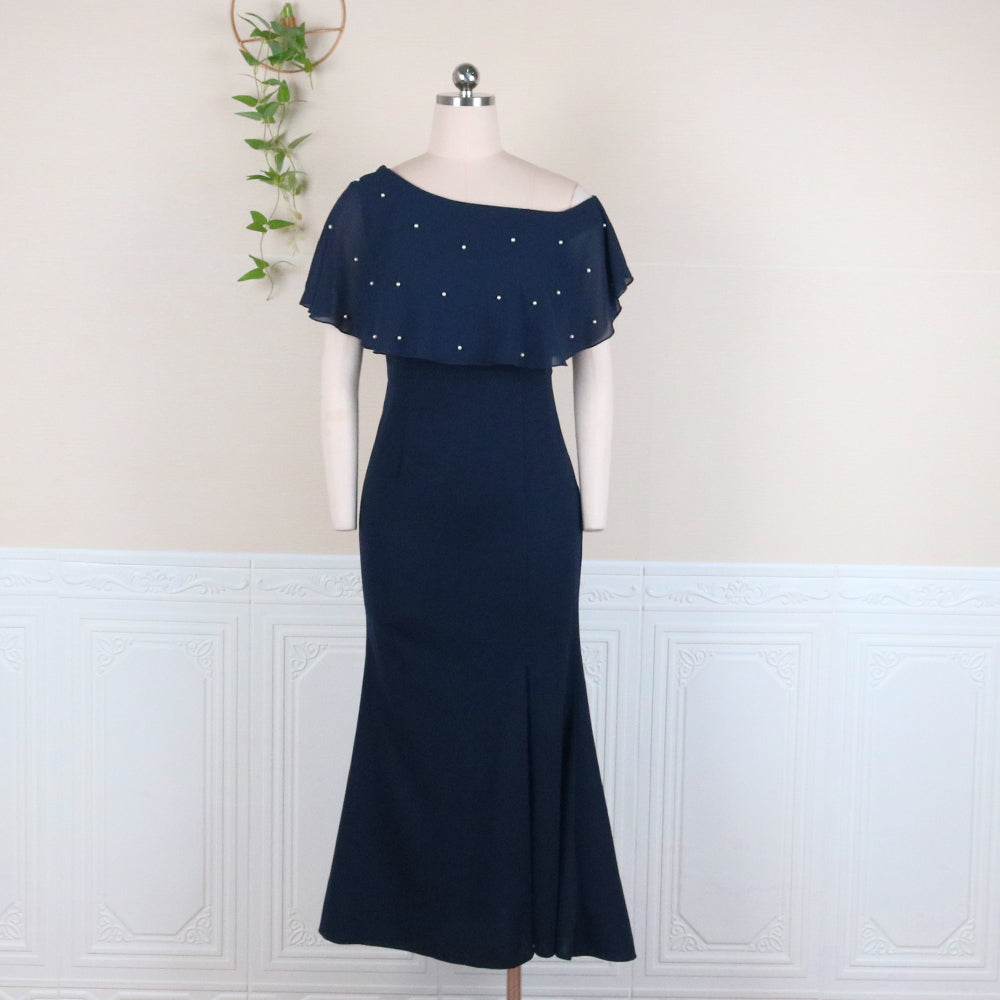 Women Long Dress Off Shoulder Bead Bodycon Ruffles Navy Blue Slit Plus Size 4XL 5XL Evening Birthday Party Occasion Event Summer