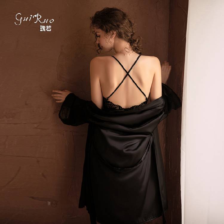 Rose  spring and summer female Europe and the United States new pajamas satin long-sleeved tape nightgown bathrobe home clothing 780