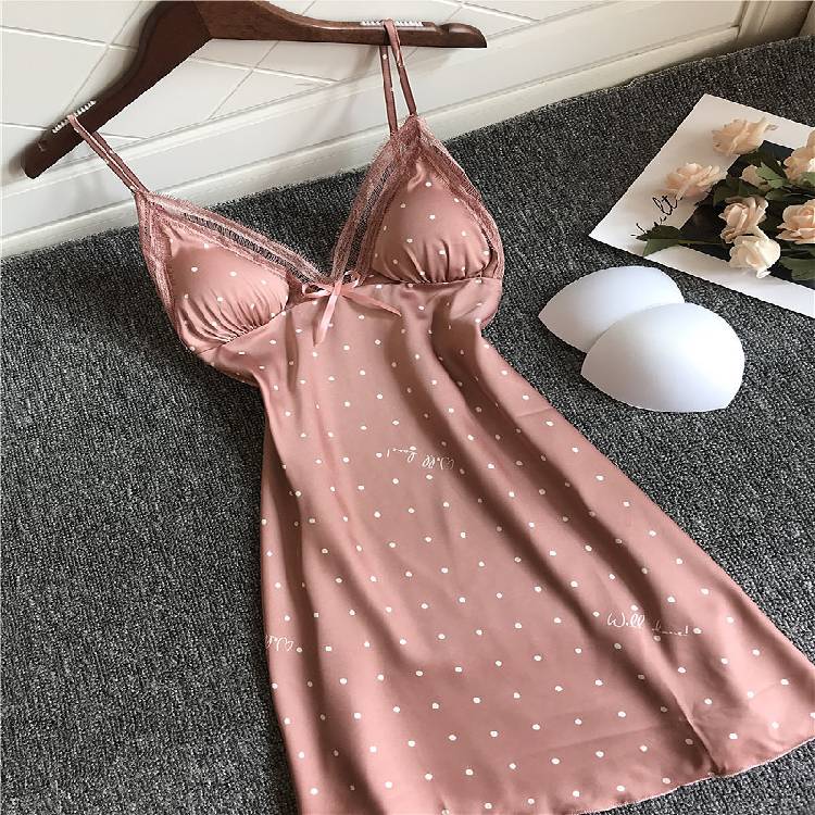 Summer Lace Dot Nightgown Women Thin  Out Ice Silk Strap Chest Pad Nightdress