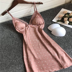Summer Lace Dot Nightgown Women Thin  Out Ice Silk Strap Chest Pad Nightdress