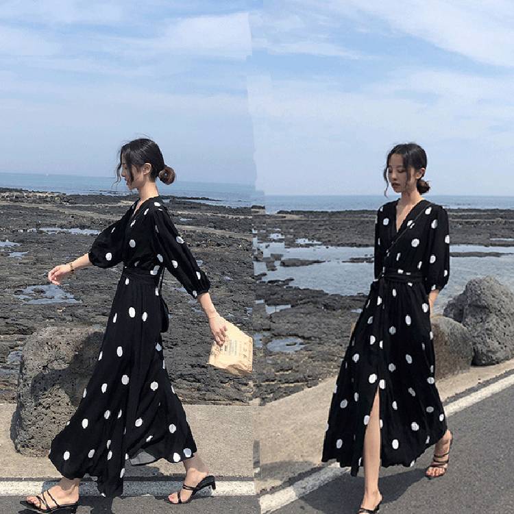 Boho New Summer Maxi Dress Clothes Vintage Slim French Retro Hepburn Wind Black Polka Dot Long Robe Korean Style Fashion