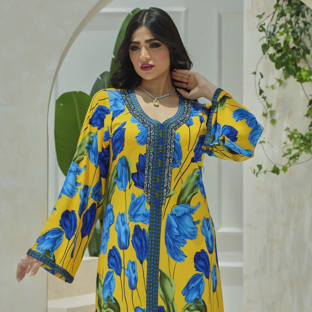 Middle East Print Kaftan Muslim Hot Diamond Robe Jalabiya Arab Traditional Ethnic Dress Dubai Turkey