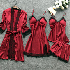 يناسب تأثيث المنزل الأوروبي والأمريكي سترة فضفاضة وسروال قصير من أربع قطع بيجامة من الحرير 