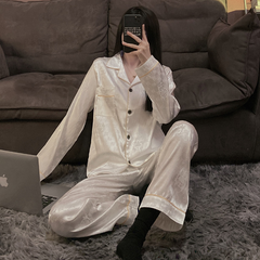 بيجامة من الحرير الجليدي للسيدات للربيع والخريف بأكمام طويلة مقاس كبير يمكن ارتداؤها خارج الخدمة المنزلية بدلة حريرية