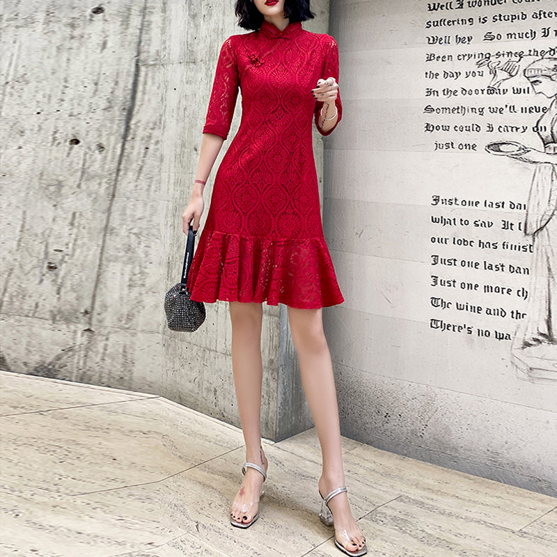 Ladies Short Mid Sleeve Lace Retro Cheongsam Dress LX269