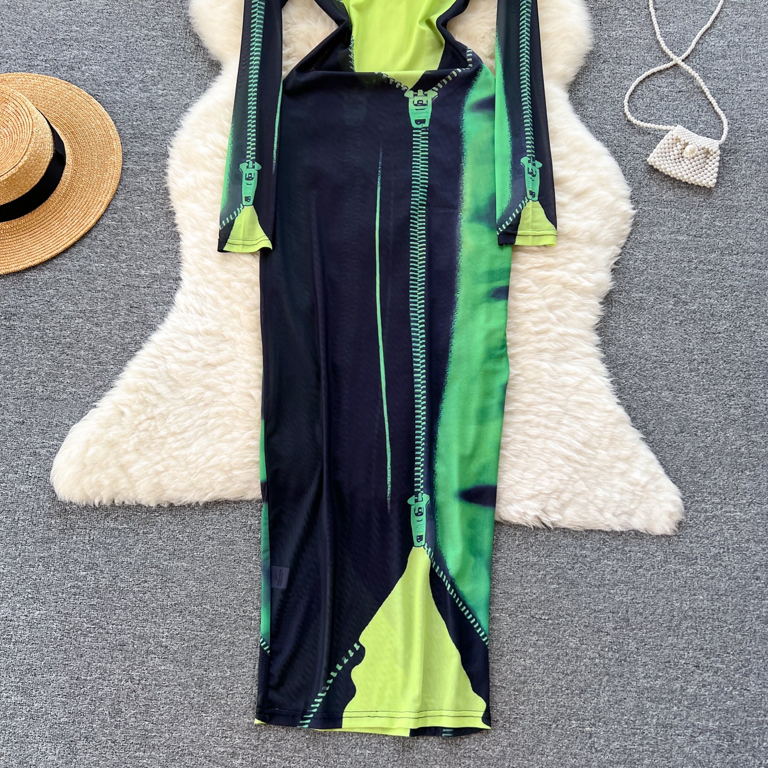 European and American hot girl style printed dress women's summer tulle long-sleeved design sense niche unique tight-fitting  desire long skirt