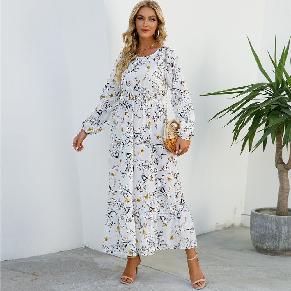 Sping Summer Bohemian Women Maxi Dress Casual Long Sleeve  Waist Beach Woman Chiffon Dresses Floral Vestidoes Mujer New