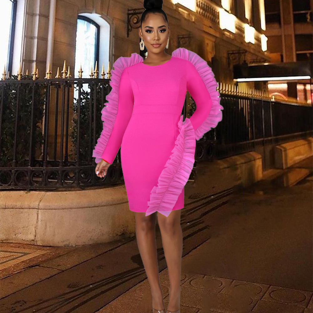 AOMEI Pink Party Dress Women Elegant Long Sleeve Tulle Ruffle Mini Sweet Bodycon Short Wedding Guest Birthday Club Outfits 2022