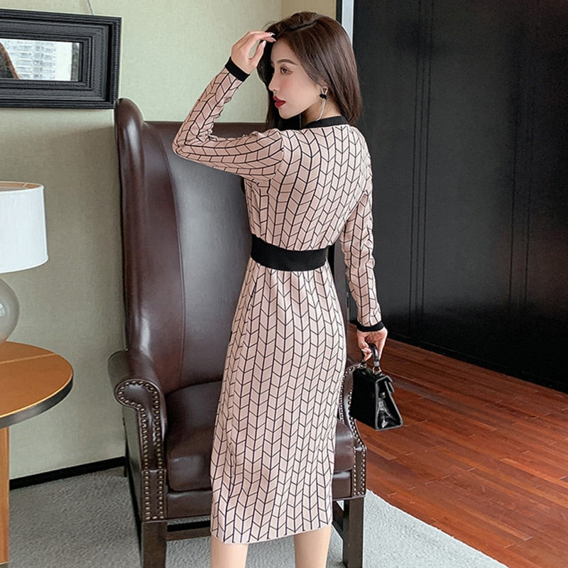 Fashion Women Vintage V-Neck Single-breasted Midi Knitted Dress Elegant Streetwear Plaid Bodycon Skinny Sweater Female Dress