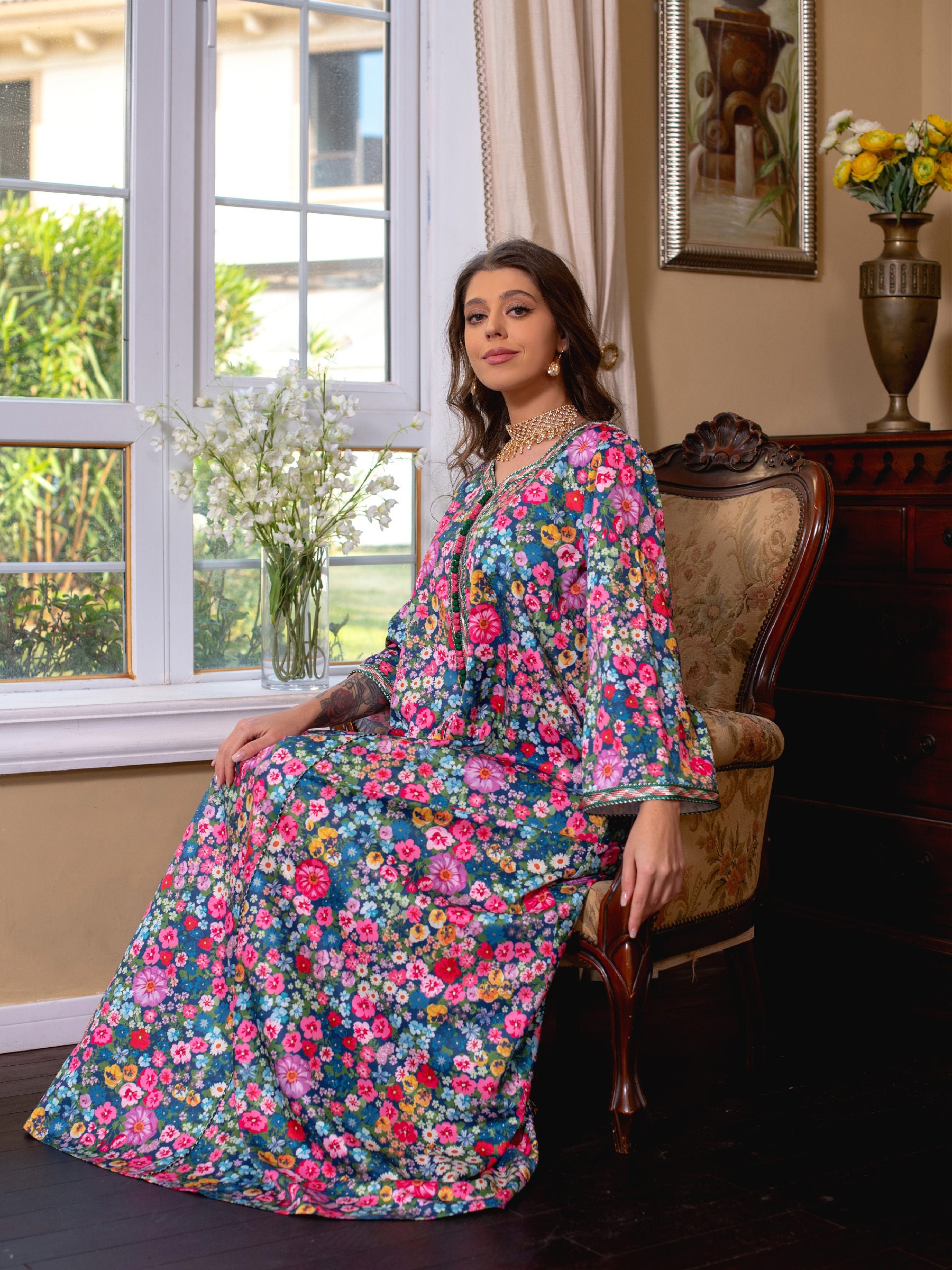 Middle East Ramadan new lace printed long skirt Jalabiya Muslim ethnic style women's clothing Saudi Kuwait