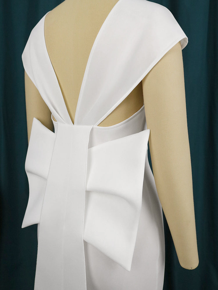 Chic Women White Dress Backless Deep V Neck Knee Legnth Bodycon Dress with Bow At Back Elegant Party Birthday Date Night Outfits