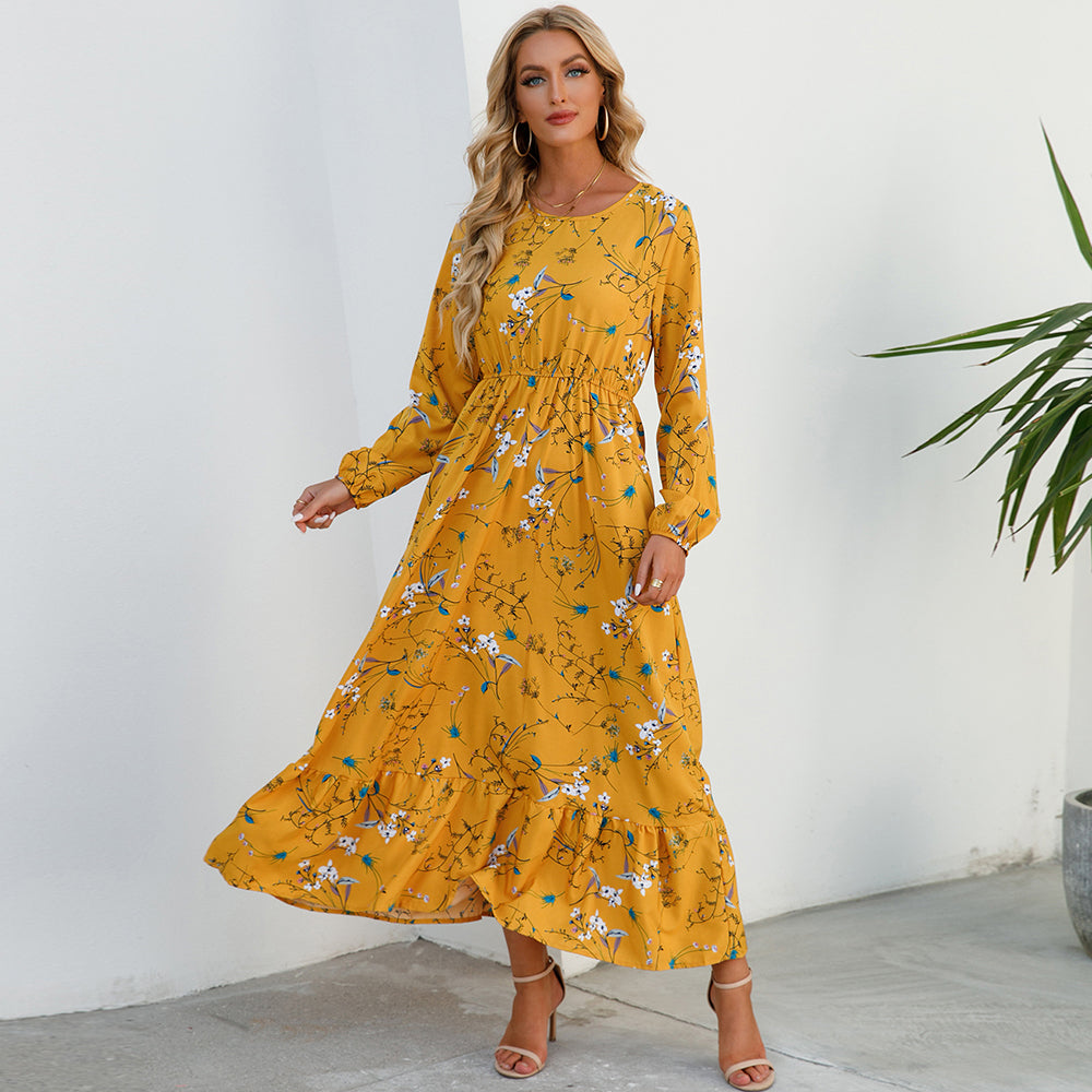 Sping Summer Bohemian Women Maxi Dress Casual Long Sleeve  Waist Beach Woman Chiffon Dresses Floral Vestidoes Mujer New