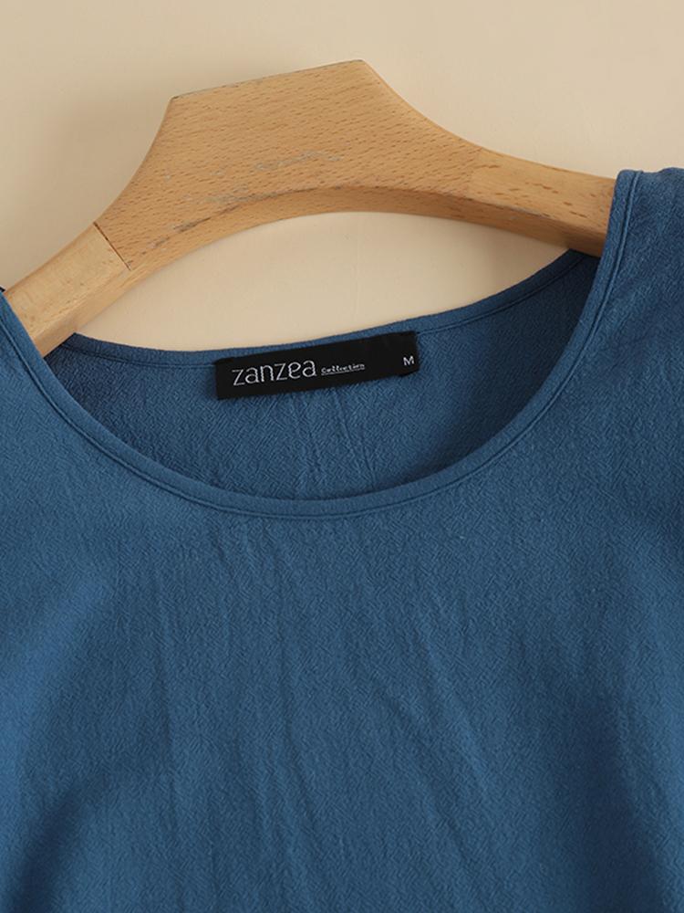 ZANZEA Women Elegant Dresses Solid O-Neck Long Sleeve Vintage Knee Length Dress Fashion Holiday Casual Loose Ladies Vestido Plus Size