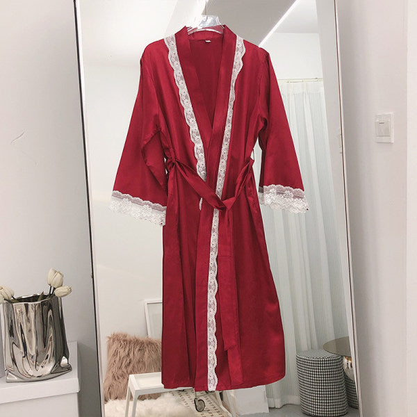 Dressing gown female bride bridesmaid group wedding home nightgown spring and autumn ice silk long bathrobe sexy lace
