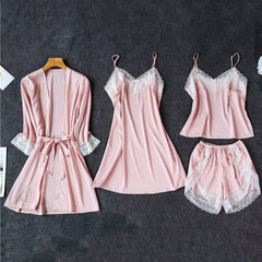 Pajamas Sexy Four-piece Suit Simulation Silk Suspender Nightgown with Chest Pad Ladies Can Wear Nightdress