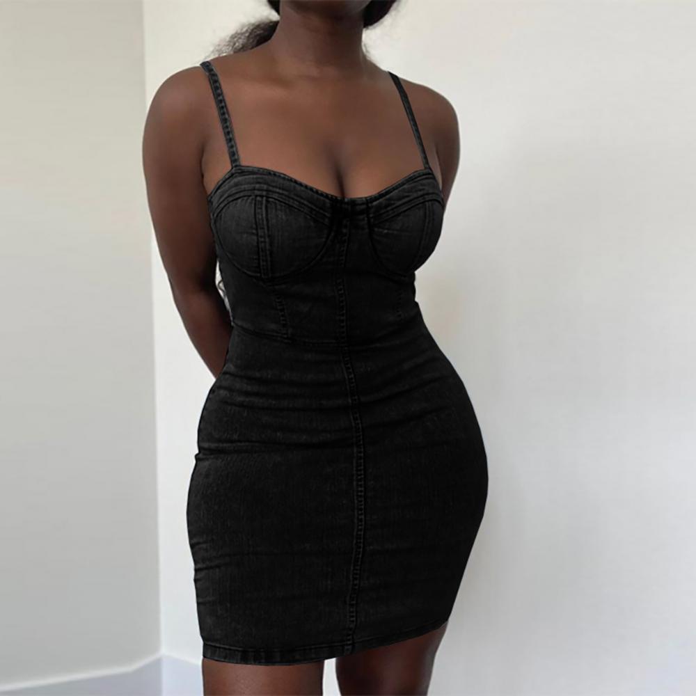 Women Sexy Solid Color Denim Dress Spaghetti Straps Waist Tight Bodycon Mini Dress