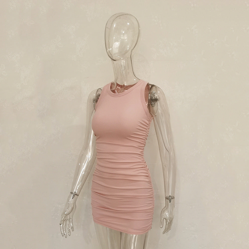 Sleeveless O Neck Pleated Bodycon Dress For Women Solid Sexy Fashion Lace-UP Midi Dress Spring Summer