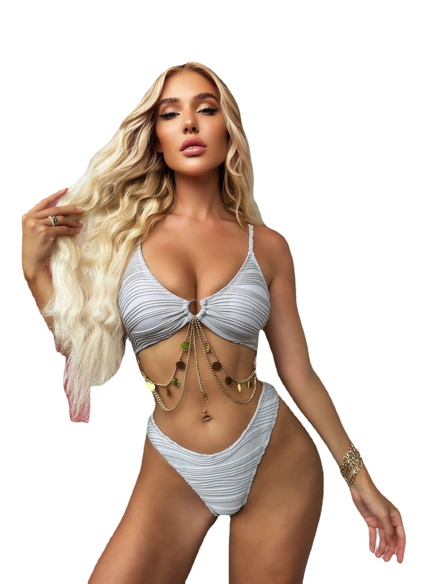 New European and American cross-border split bikini ring hanging chain wave pattern  swimsuit women