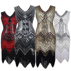 Hot selling new retro style sequined beaded dress front and back V-neck fashion fringe dress