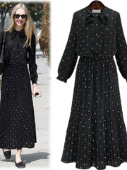 ربيع جديد فضفاض نمط النمط الأوروبي فستان منقط المرأة طباعة طويلة الأكمام السيدات فستان القوس البوهيمي الشيفون الشيفون فستان أسود المرأة رداء