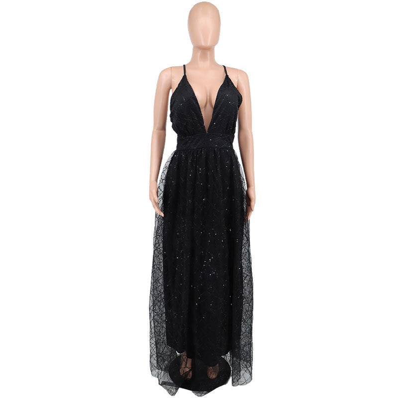 Temperament Black Fashion Sequin Long Sleeve Sleeveless Sling Halter Evening Dress