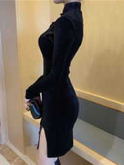 SXGOTH Dark Academia Alt Goth Velvet Dress Cheongsam Sexy  Bodycon Slit Punk Winter Pleated Female Casual Hollow Black