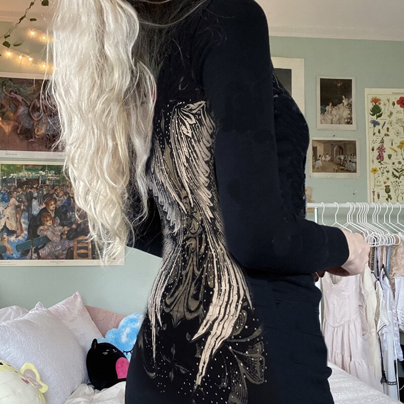 Women Hooded Dress Spring Autumn Black Dress Wings Printed Pattern Long Sleeve Zipper Bodycon Dress Gothic Clothes