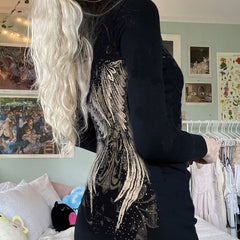 Women Hooded Dress Spring Autumn Black Dress Wings Printed Pattern Long Sleeve Zipper Bodycon Dress Gothic Clothes