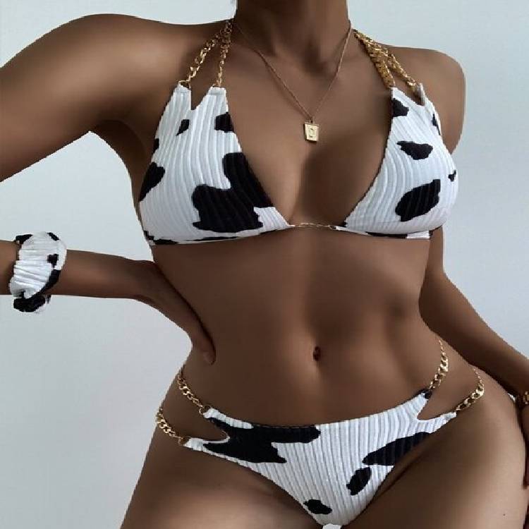 Milk Cow Two Piece Swimwear Womens 2Pcs Bikini Suit Split Deep V neck Iron Chain Halter Tops with Side Hollowed e Bottoms