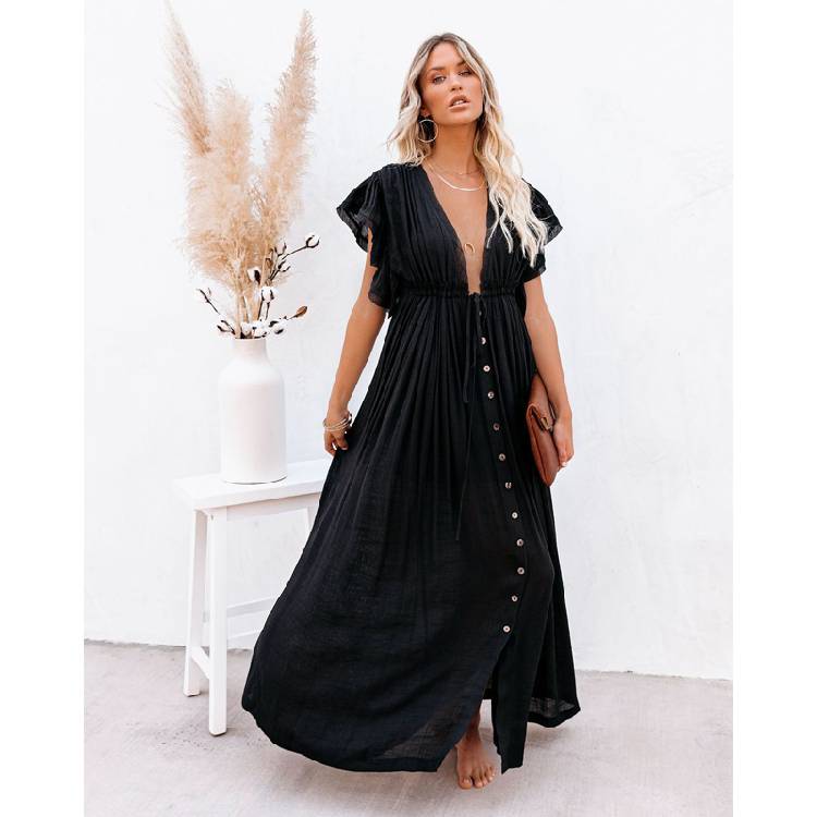 فستان ماكسي صيفي للشاطئ للنساء مطوي برباط عالي الخصر فستان طويل الصلبة بوهو عادية الخامس الرقبة فساتين الحفلات 2021 