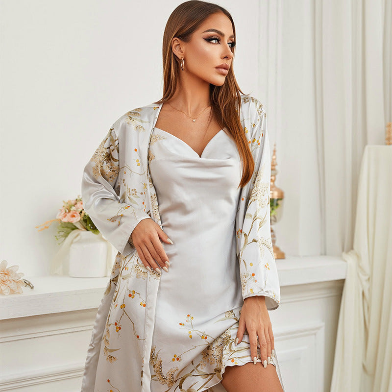 New Female Robe Gown Sets Print Nighty Wear  Sleeping Pijamas Intimate Nightwear Sling Lingerie Nightdress Gown 2 Piece Set Bathrobe Kimono