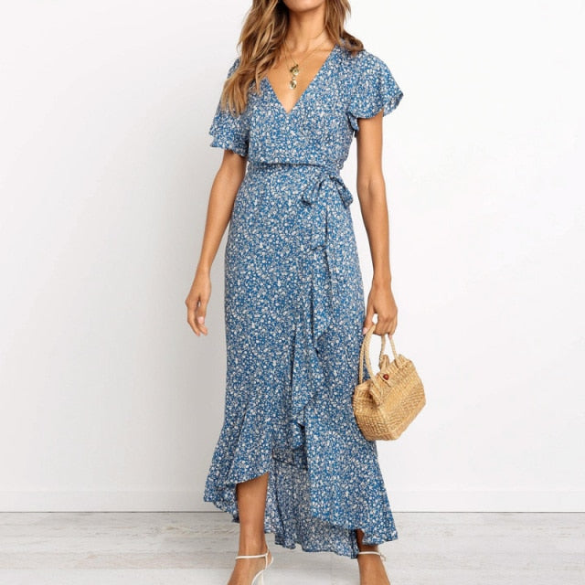 Aachoae Long Maxi Dress Women Summer Bohemian Wrap Floral Print Beach Dress V Neck Split Short Sleeve Ruffles Sundress Vestidos