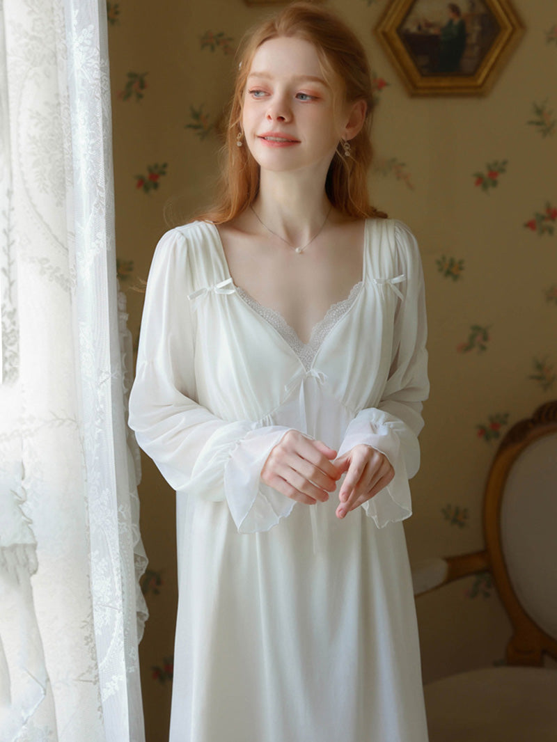 Ladies Spring Pajamas Long Sleeve Cotton Victorian Nightgown Pajamas Ruffle V Neck Vintage Pajamas