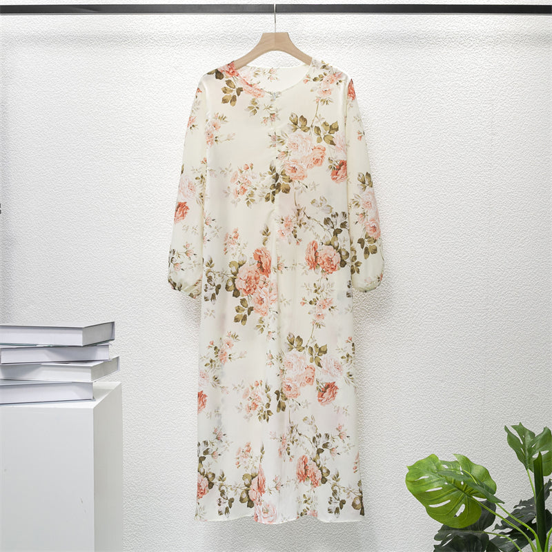 Spring Summer Muslim Dresses Full Sleeve Printed Floral Casual Long Loose Chiffon Dress Women Maxi Dresses With Pocket Mujer Vestidoes