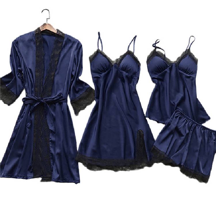 4PC Silk Robe Sleep Suit Womens Lace Satin Pajamas Gown Set V Neck Cami Nighties Wear Pijama Home Nightwear Spring Nightdress