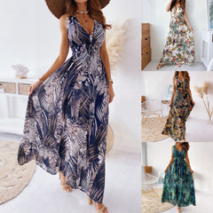 Women's Deep V Neck Printed Maxi Dress Retro Boho Ties Backless A-Line Maxi Dress Sexy Sleeveless Beach Party Dress Tank Top