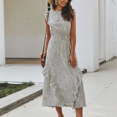 فستان صيفي نسائي أنيق ماكسي فستان موضة دوت طباعة رقبة دائرية مكشكشة كم قصير فستان الشمس فستان طويل رداء بوهو فستان الحفلات والنوادي ملابس الشاطئ 