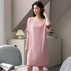 Summer  nightdress women's round neck short-sleeved cute home service women's cotton thin mid-length skirt beautiful back ladies pajamas dress