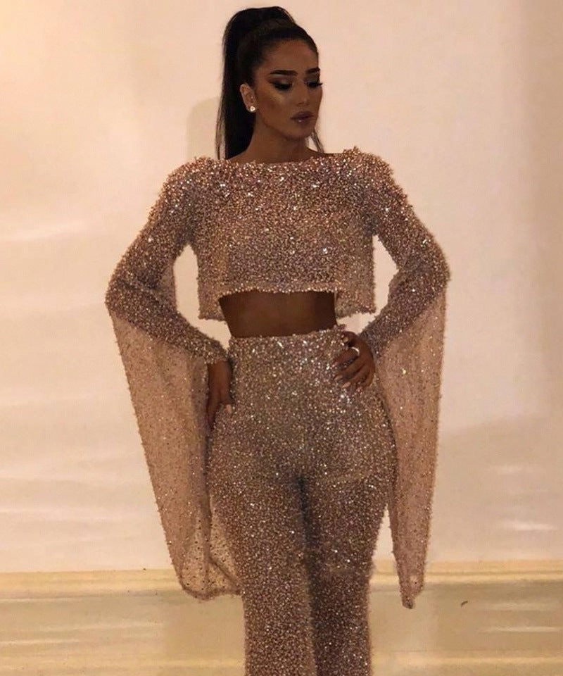 New European and American foreign trade women's Amazon hot stamping round neck bat sleeve top jumpsuit fake two new