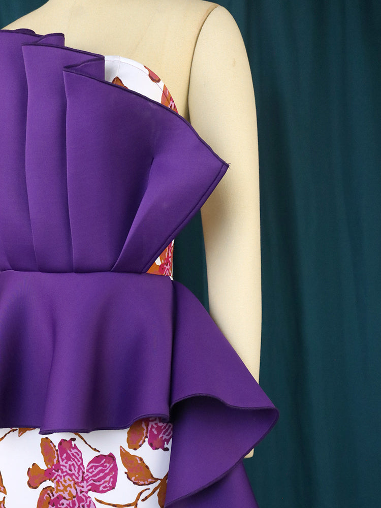 AOMEI Purple Dress Printed Patchwork One Shoulder Ruffles Bodycon Women Evening Birthday Party Event Gowns Large