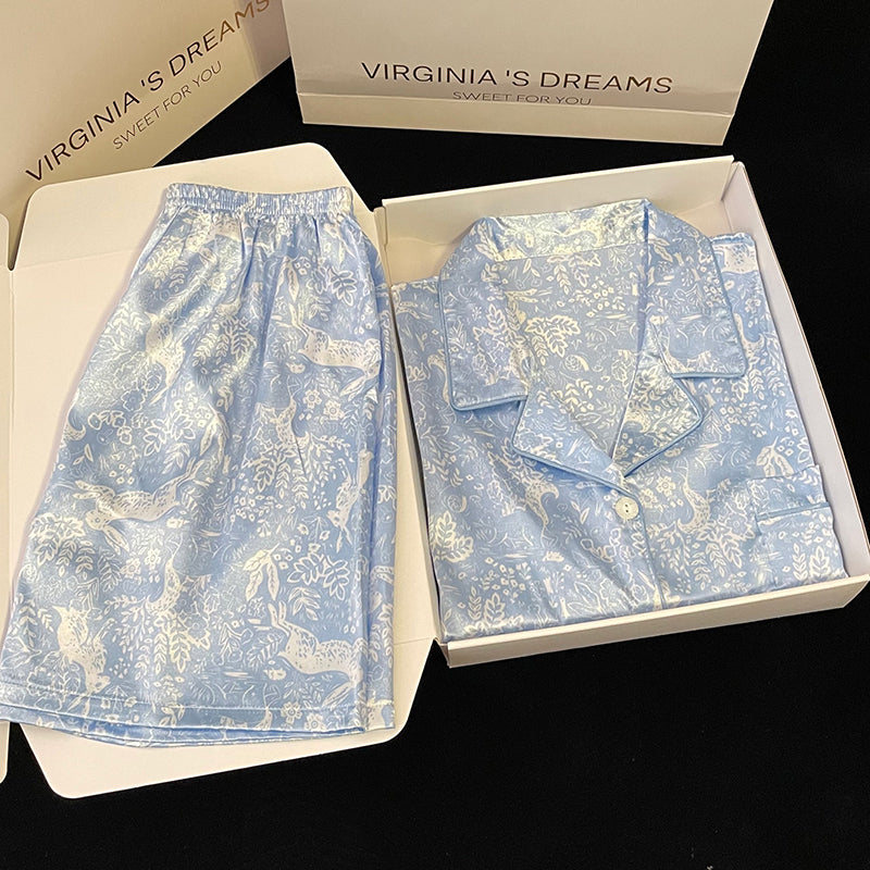 Tie-dyed blue summer pajamas women's short-sleeved home clothes thin section  silk suit