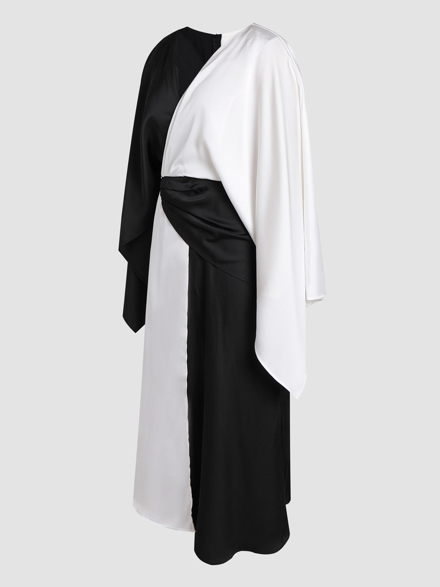 Elegant satin dress with black and white contrast stitching