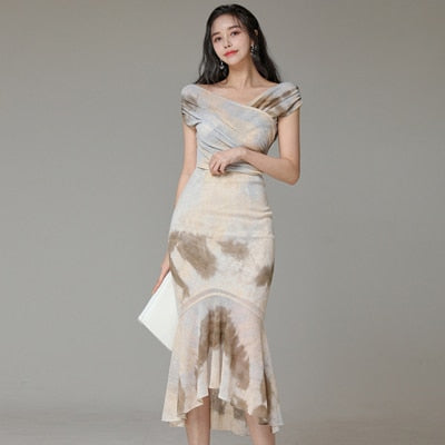 New Fashion Women Summer OL Elegant Bodycon Party Set Sexy V-Neck Tops Print Short Sleeve Shirt And Ruffle Skirt Two Piece Set