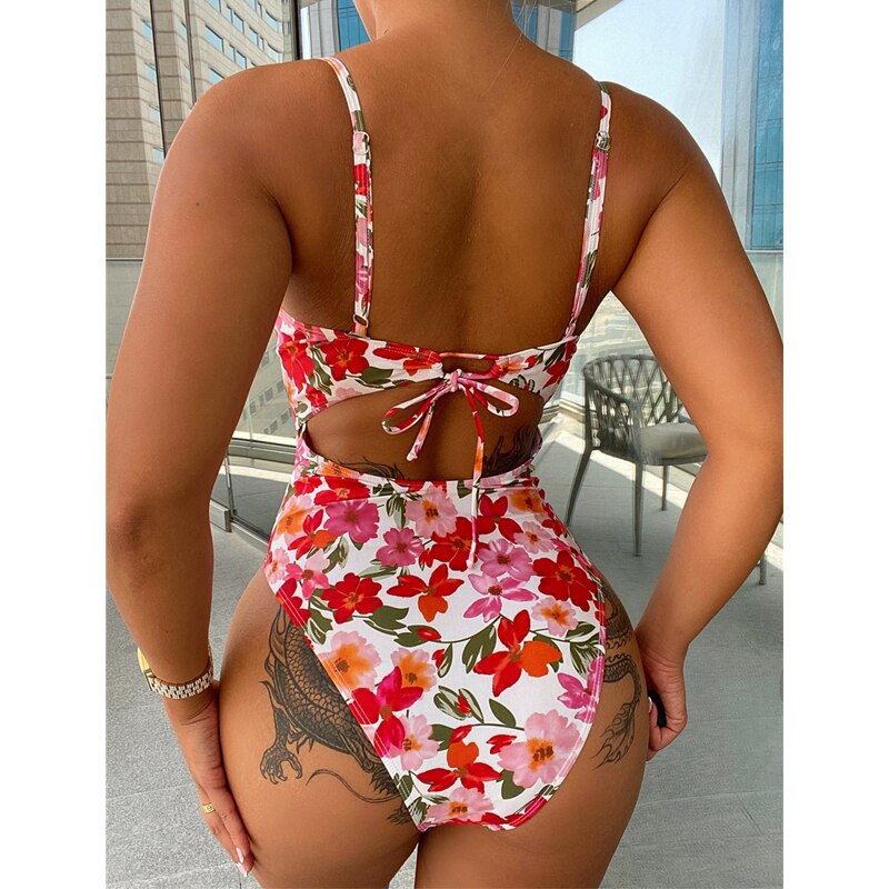 Sexy Printed One Piece Swimsuits Women Underwire Bikinis Bathing Suits 2022 New V Neck Swimming Beachwear Female Bather Swimwear