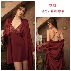 Rose  spring and summer female Europe and the United States new pajamas satin long-sleeved tape nightgown bathrobe home clothing 780