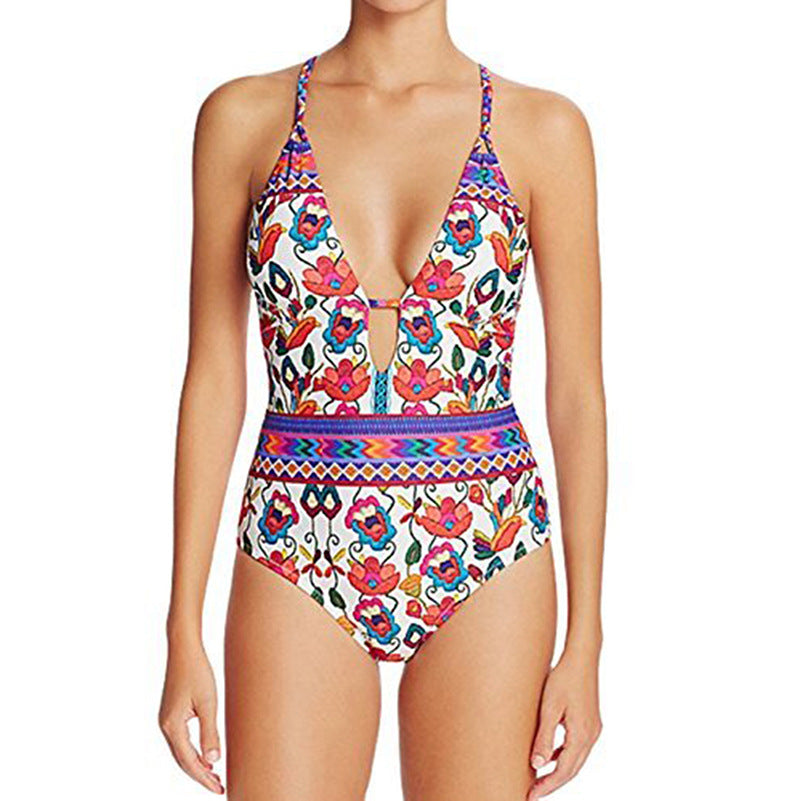 New Swimsuit One Piece Swimsuit Lace Up Print Backless V-Neck Sexy Bikini