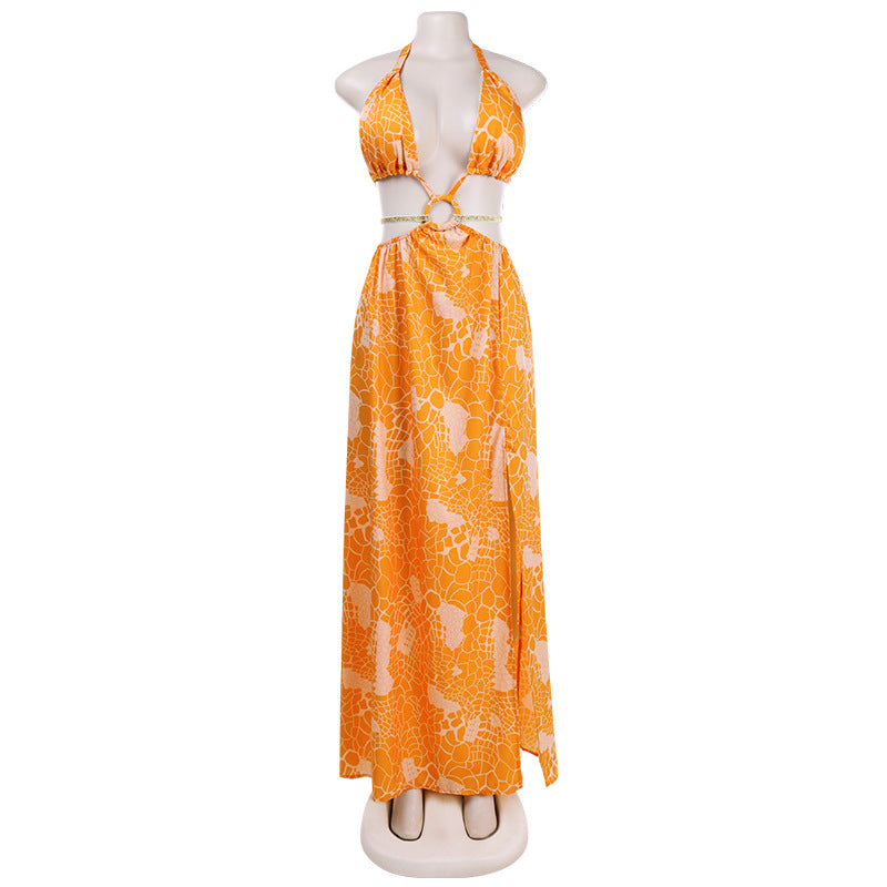 فستان فضفاض أوروبي وأمريكي للسيدات 2021 فستان بحمالات مطبوع جديد بدون أكمام وتنورة طويلة