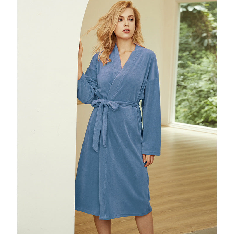New style pajamas women autumn and winter long-sleeved cardigan women's nightgown solid color home service women